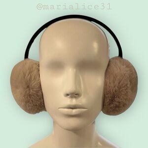 Cozy light brown earmuffs with leather accents.